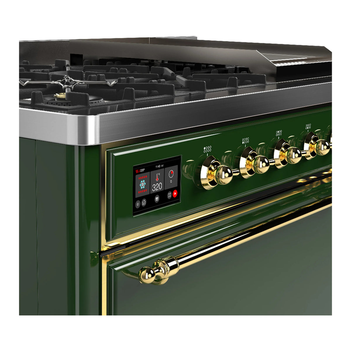 Emerald green control panel with brass knobs and digital display on dual fuel range