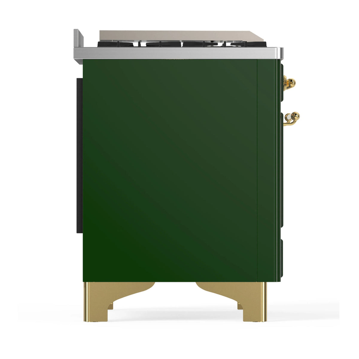 Emerald green side panel of dual fuel range with brass trim and leveling legs