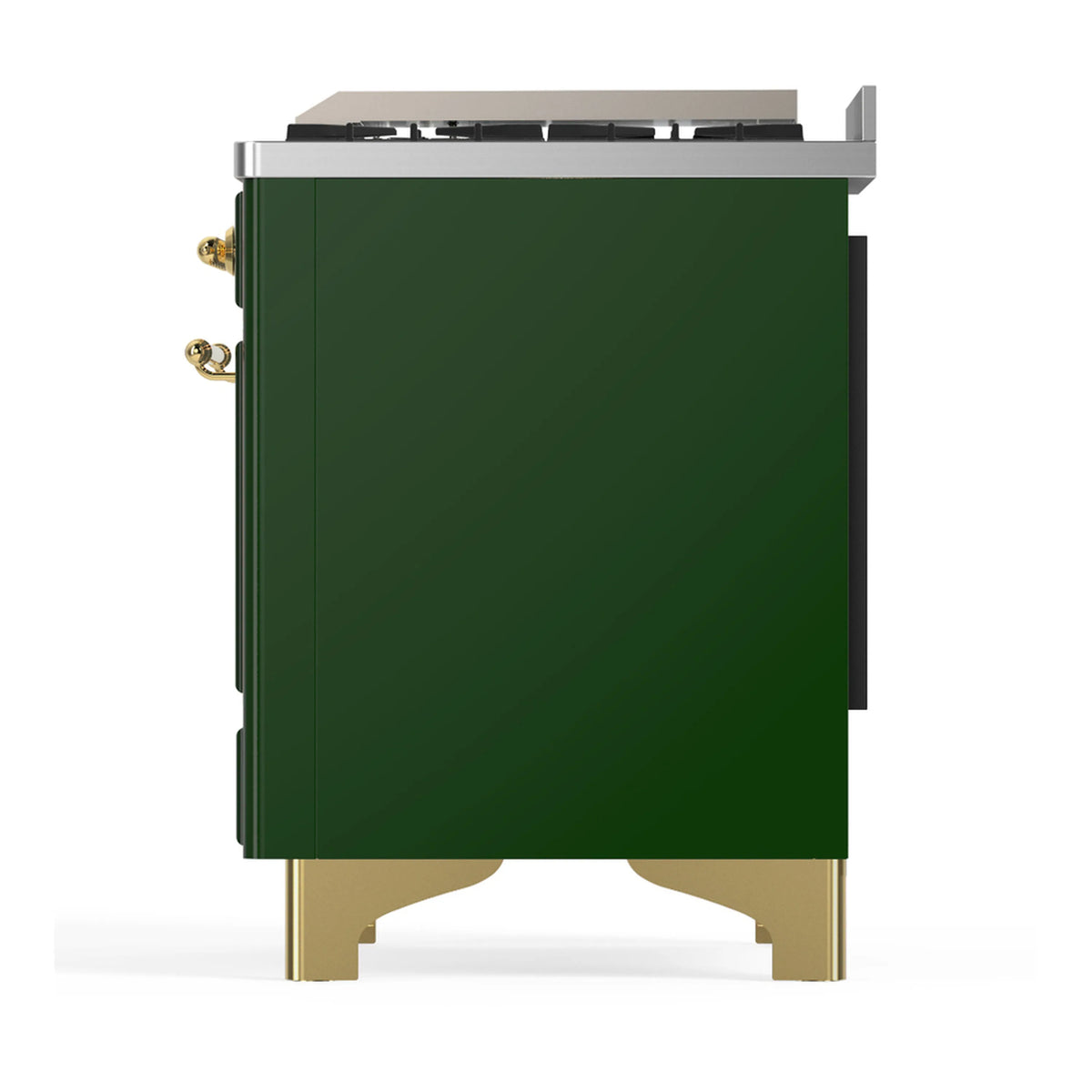 Emerald green side view of dual fuel range with brass trim and corner fittings