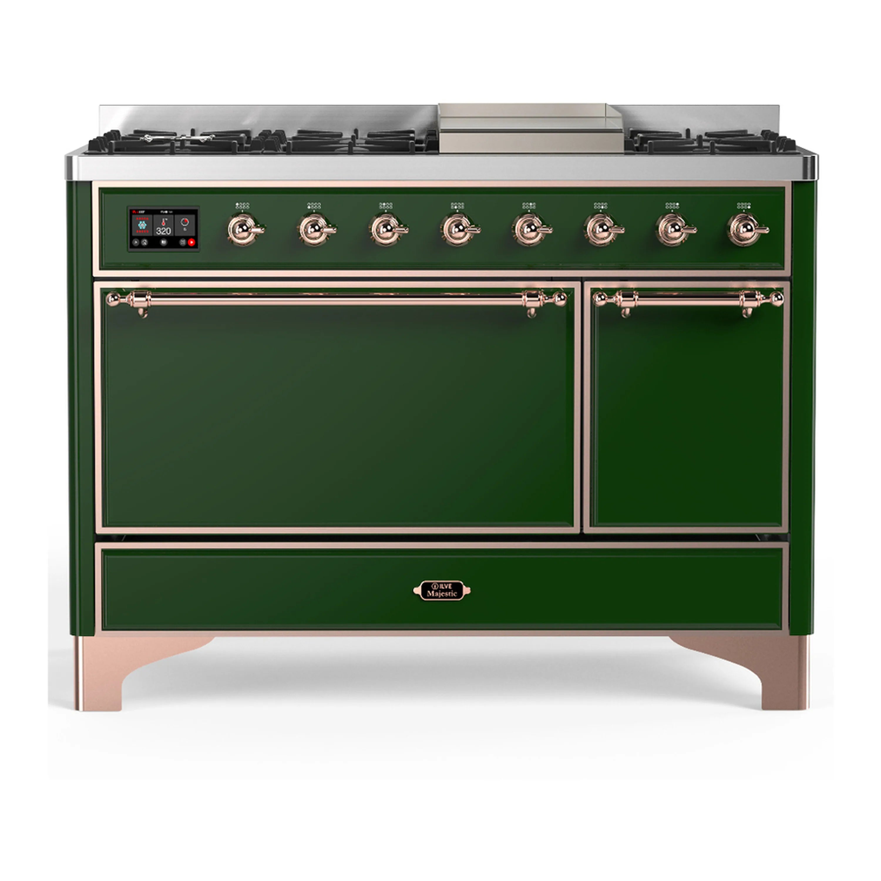 ILVE emerald green dual fuel range with two oven doors and front control knobs