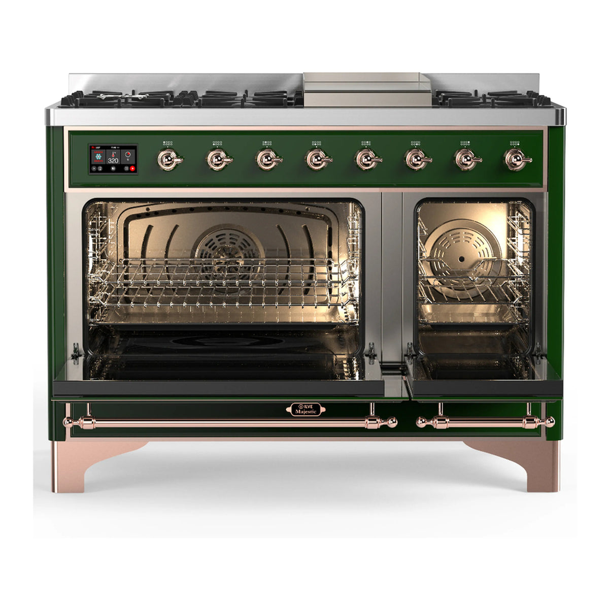 ILVE emerald green dual fuel range with open solid doors and dual oven interiors