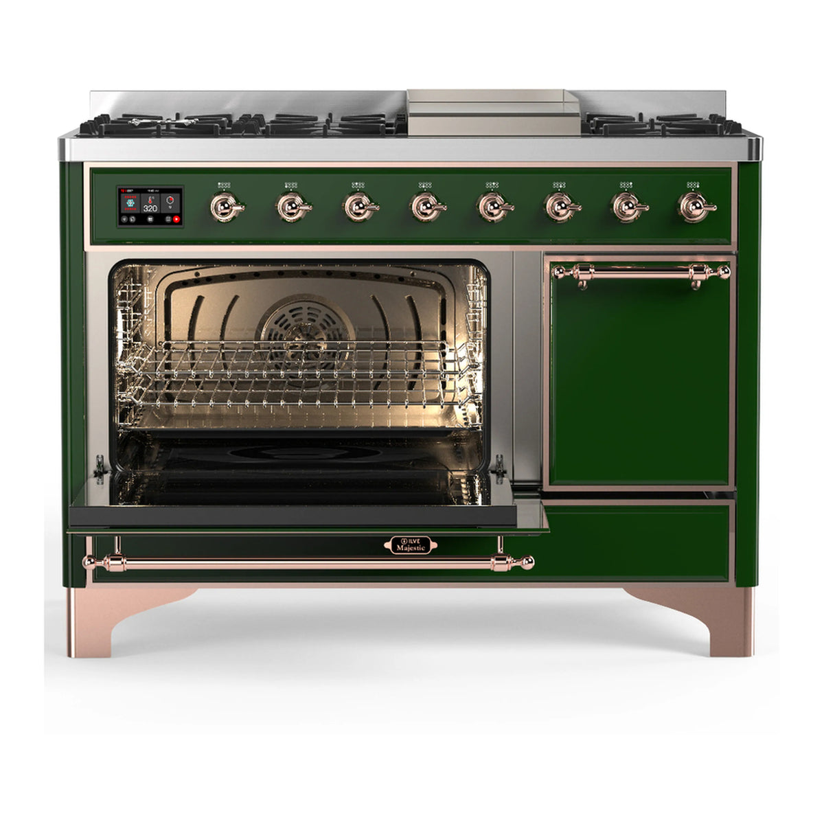 ILVE emerald green dual fuel range with oven door and right cabinet door