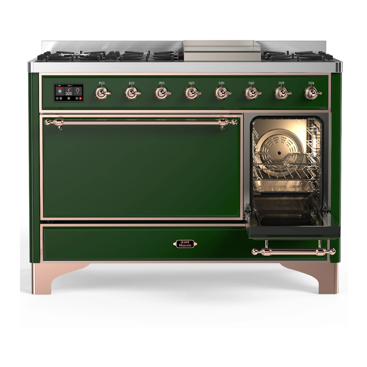 ILVE emerald green dual fuel range with large drawer doors and right oven window