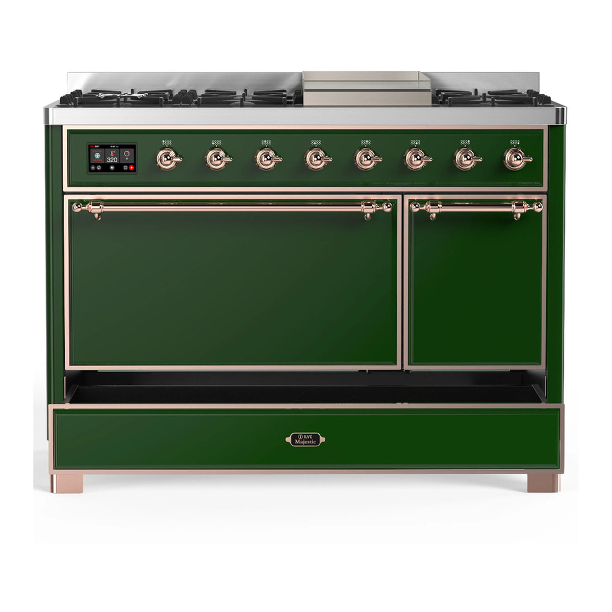 ILVE emerald green dual fuel range with two closed oven doors and front control panel