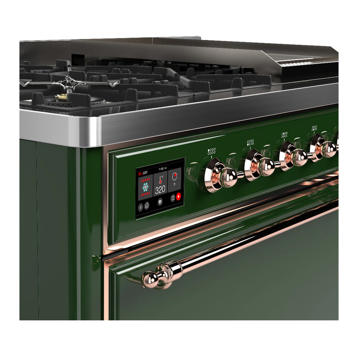 ILVE emerald green dual fuel range with control panel and copper-finish knobs