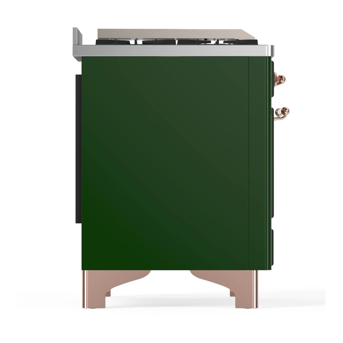 ILVE emerald green dual fuel range side view with stainless top and copper hinges