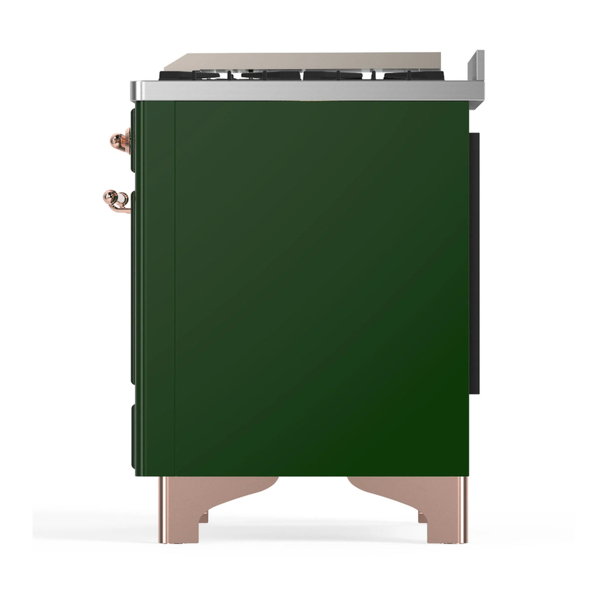 ILVE emerald green dual fuel range back-right side view with copper trim