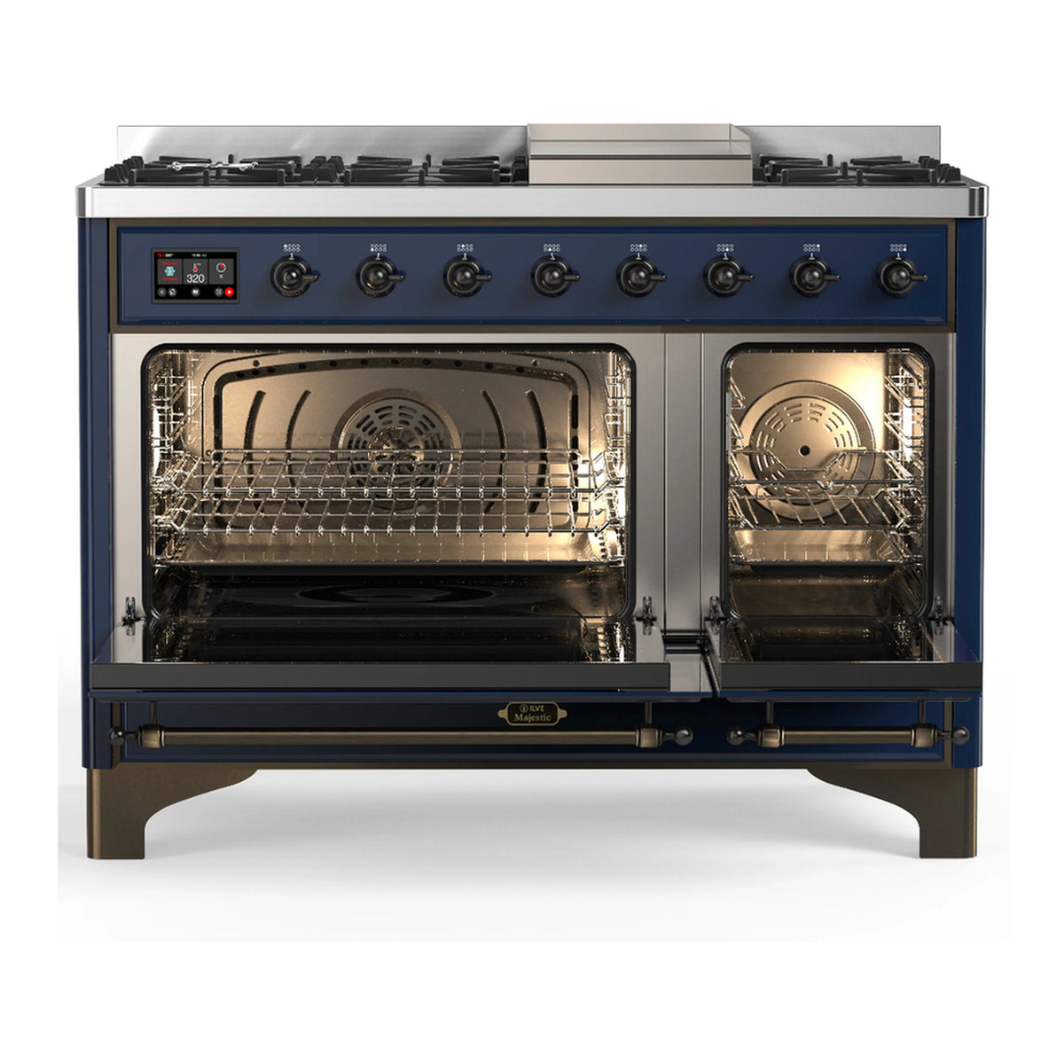 Midnight blue dual-fuel range with both oven doors open and visible wire racks inside