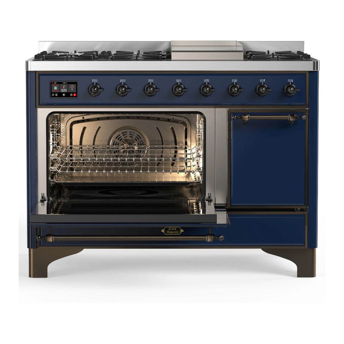 Midnight blue dual-fuel range with left oven open and right solid door closed