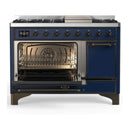 ILVE Majestic III 48-inch Dual Fuel Range with 5 Natural Gas Burner, Griddle and Solid Door Electric Oven in Midnight Blue with Burnished Trim (UM48FQNR3MBB)