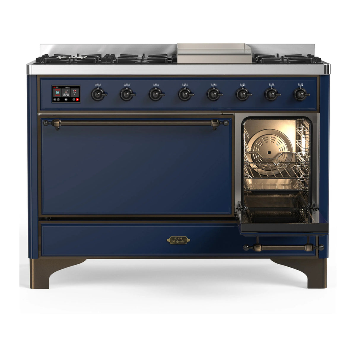 Midnight blue dual-fuel range with solid door closed and oven interior lit