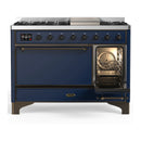 ILVE Majestic III 48-inch Dual Fuel Range with 5 Liquid Propane Burner, Griddle and Solid Door Electric Oven in Midnight Blue with Burnished Trim (UM48FQNR3MBBLP)