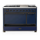 ILVE Majestic III 48-inch Dual Fuel Range with 5 Natural Gas Burner, Griddle and Solid Door Electric Oven in Midnight Blue with Burnished Trim (UM48FQNR3MBB)