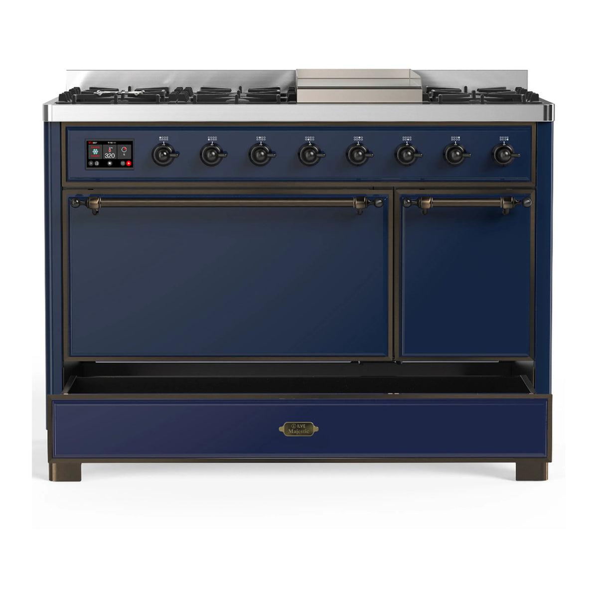 Midnight blue dual-fuel range with closed oven door and open lower storage compartment