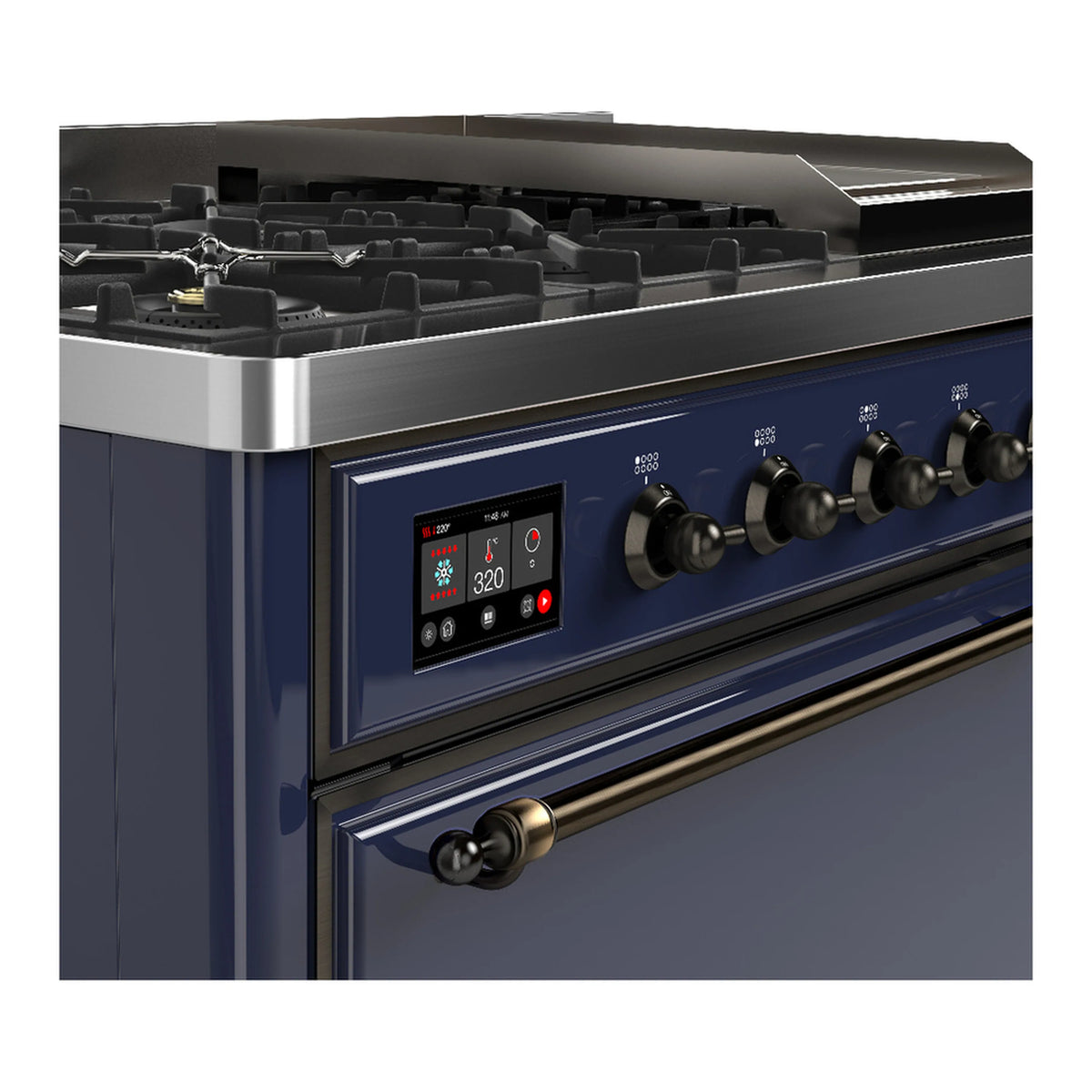 Midnight blue dual-fuel range control panel with digital display and burner control knobs