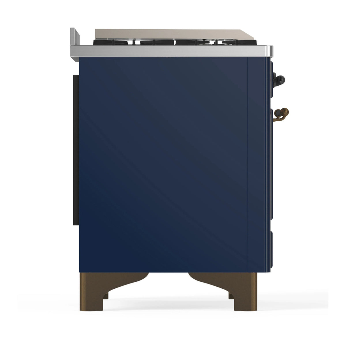 Midnight blue dual-fuel range side view with side controls and top grates