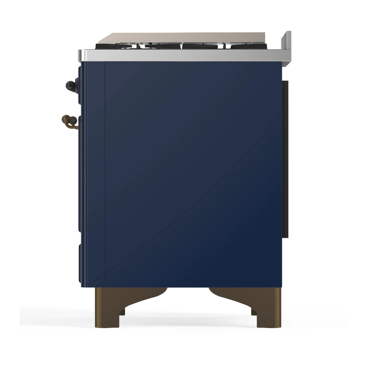 Midnight blue dual-fuel range rear side view with side controls and raised base legs