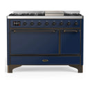ILVE Majestic III 48-inch Dual Fuel Range with 5 Liquid Propane Burner, Griddle and Solid Door Electric Oven in Midnight Blue with Burnished Trim (UM48FQNR3MBBLP)