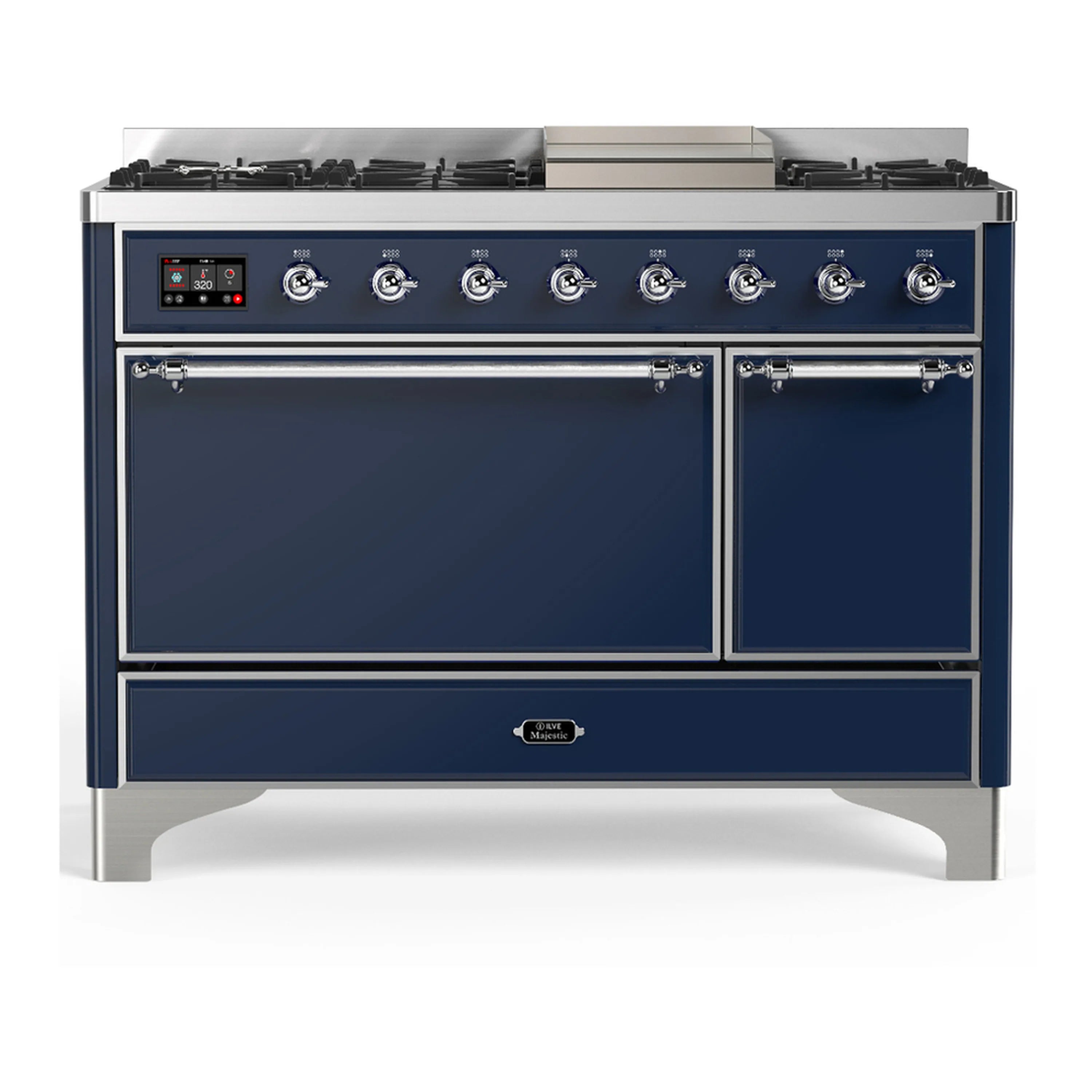 Midnight blue dual fuel range with chrome trim, front view with two oven doors and control knobs