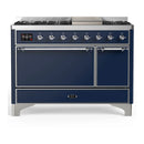 ILVE Majestic III 48-inch Dual Fuel Range with 5 Natural Gas Burner, Griddle and Solid Door Electric Oven in Midnight Blue with Chrome Trim (UM48FQNR3MBC)