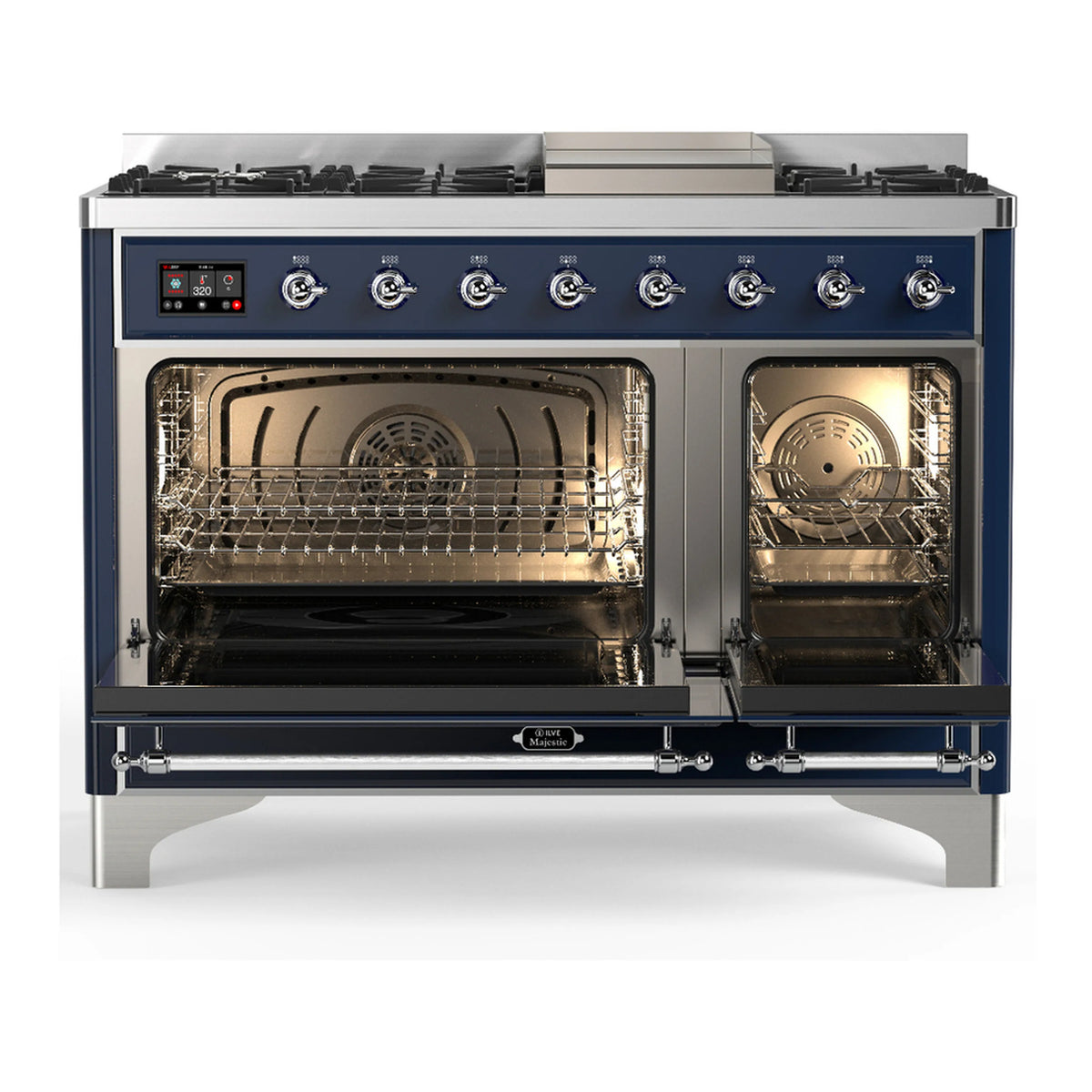 Midnight blue dual fuel range with chrome trim, both oven doors open showing interior racks