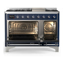 ILVE Majestic III 48-inch Dual Fuel Range with 5 Natural Gas Burner, Griddle and Solid Door Electric Oven in Midnight Blue with Chrome Trim (UM48FQNR3MBC)