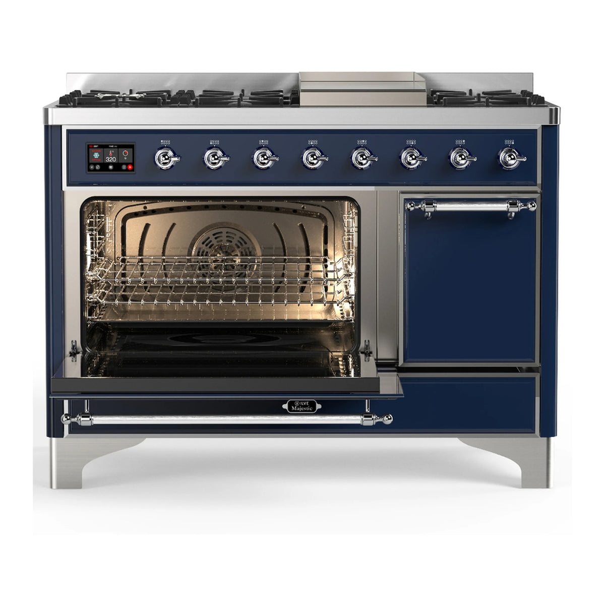 Midnight blue dual fuel range with chrome trim, front oven door open showing racks and burner area