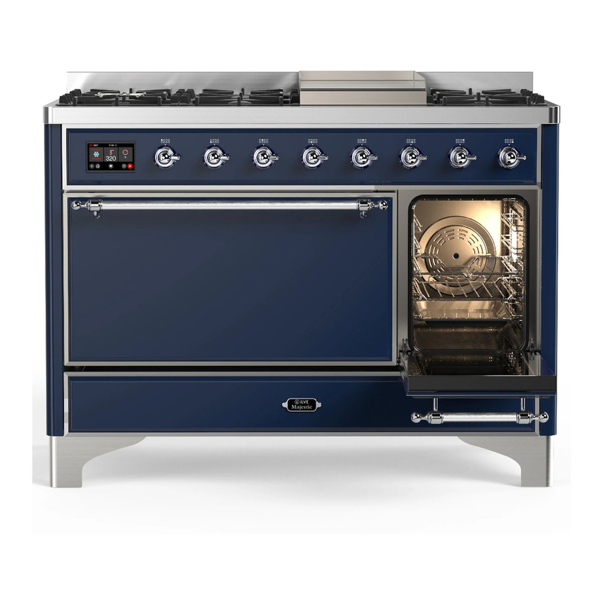 Midnight blue dual fuel range with chrome trim, one oven door open showing interior heating elements