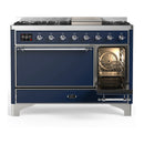 ILVE Majestic III 48-inch Dual Fuel Range with 5 Natural Gas Burner, Griddle and Solid Door Electric Oven in Midnight Blue with Chrome Trim (UM48FQNR3MBC)