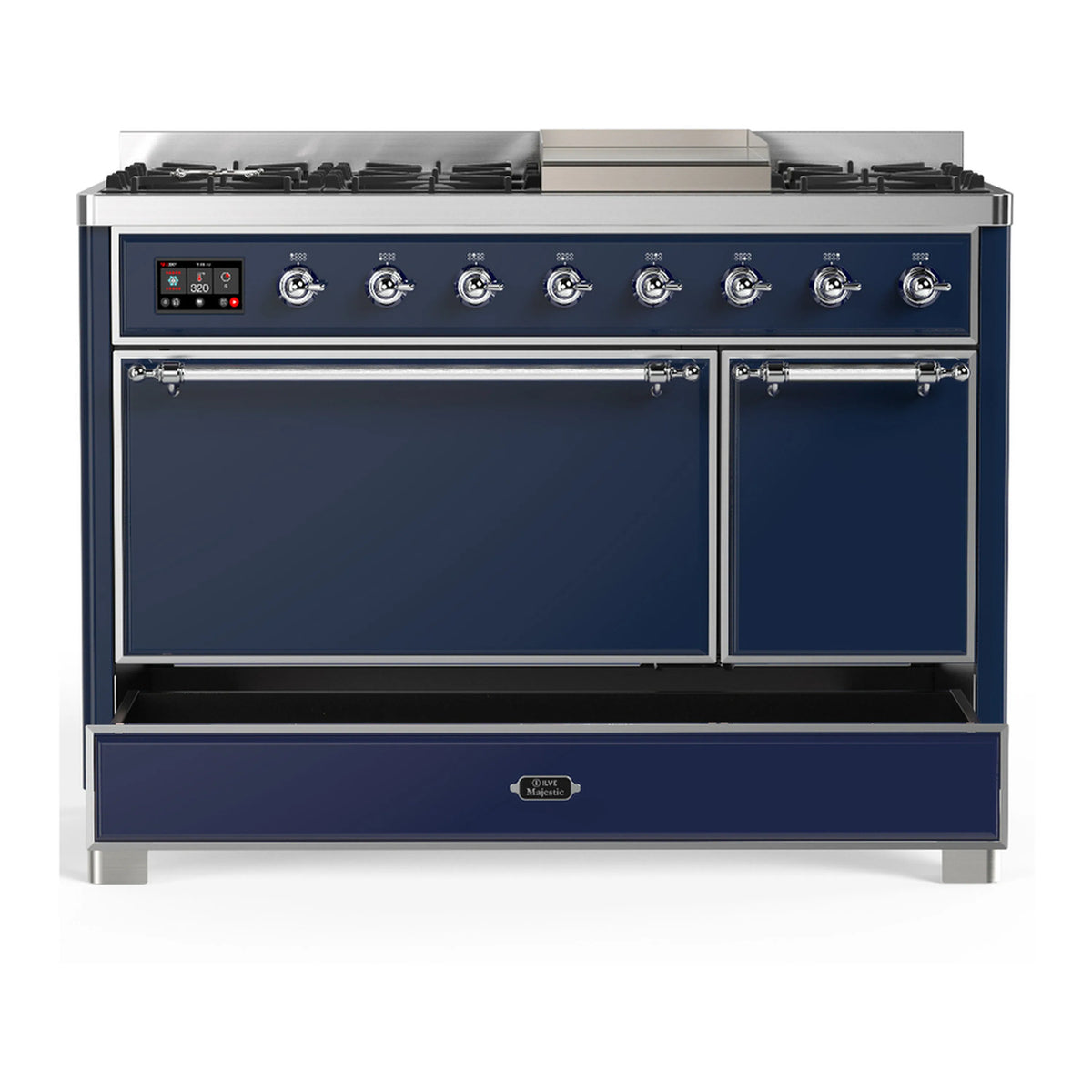 Midnight blue dual fuel range with chrome trim, oven doors closed and control knobs across front