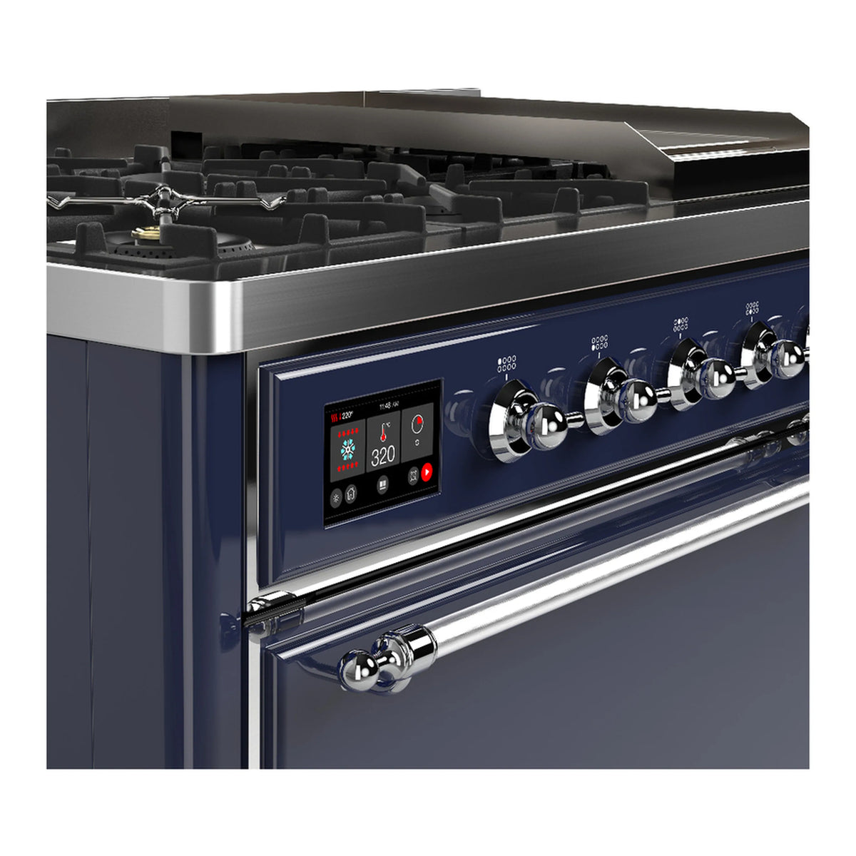Midnight blue dual fuel range close-up of control panel and oven handle with chrome knobs