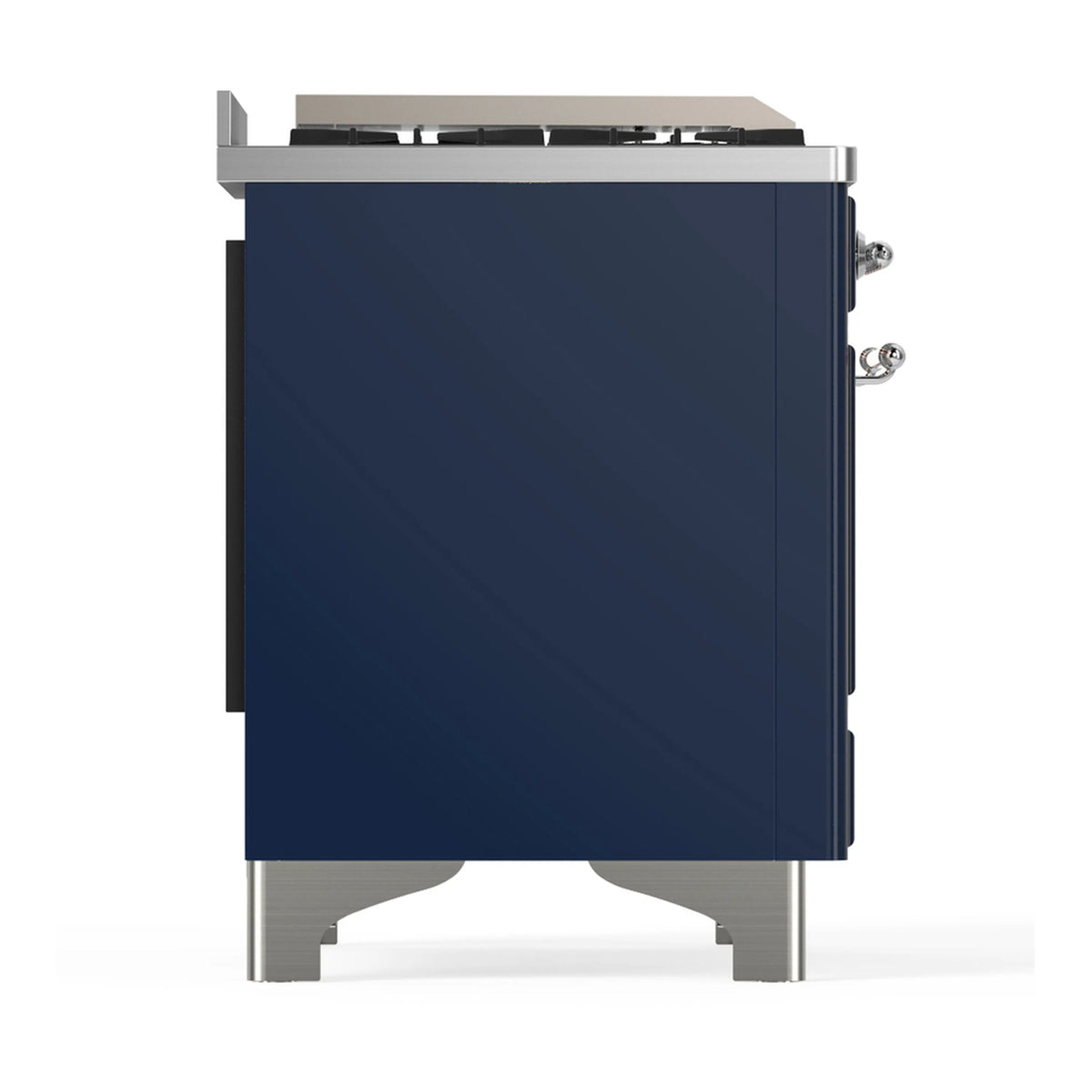 Midnight blue dual fuel range side view with closed solid door and stainless trim legs