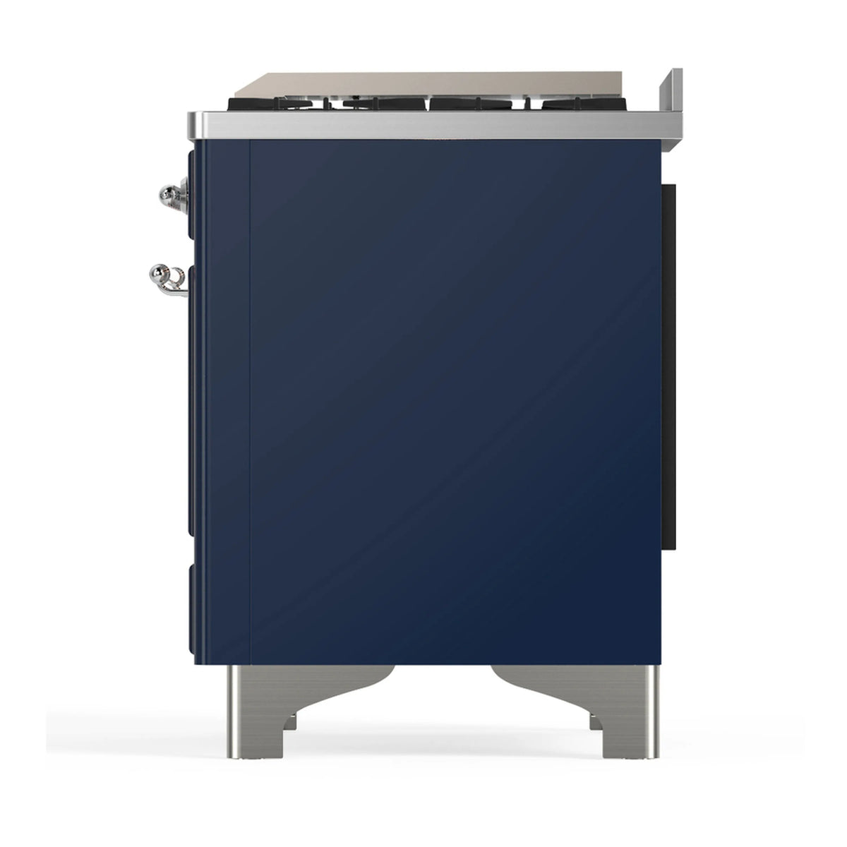 Midnight blue dual fuel range opposite side view with closed solid door and chrome side handles