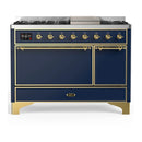 ILVE Majestic III 48-inch Dual Fuel Range with 5 Natural Gas Burner, Griddle and Solid Door Electric Oven in Blue Grey with Brass Trim (UM48FQNR3MBG)