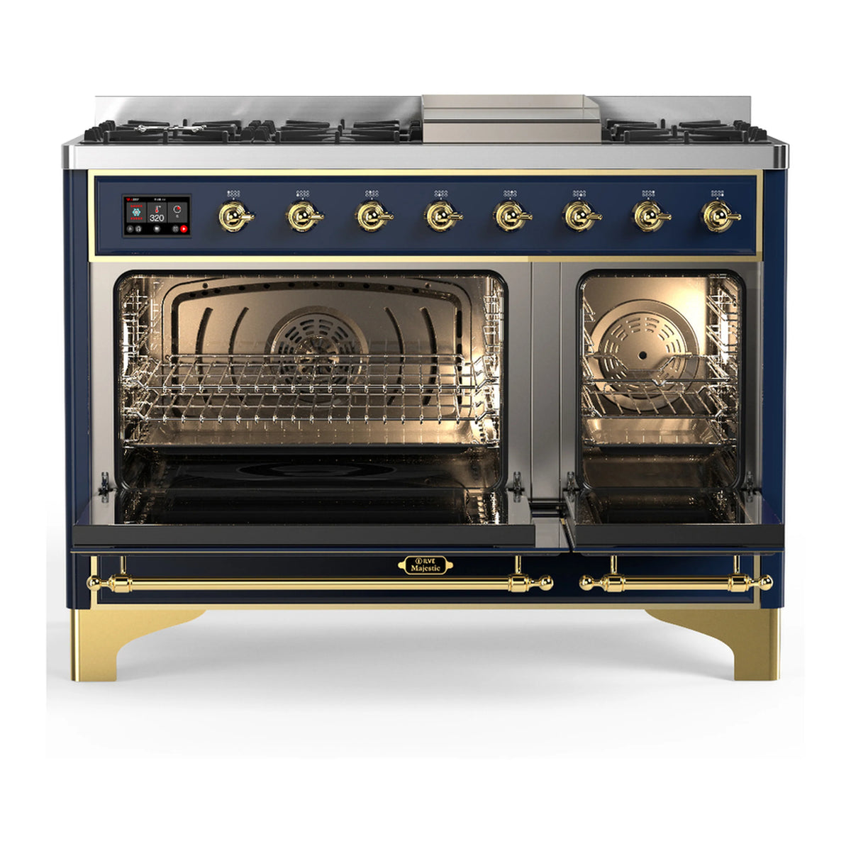 ILVE dual fuel range, blue-grey with brass trim; open ovens and burner control knobs