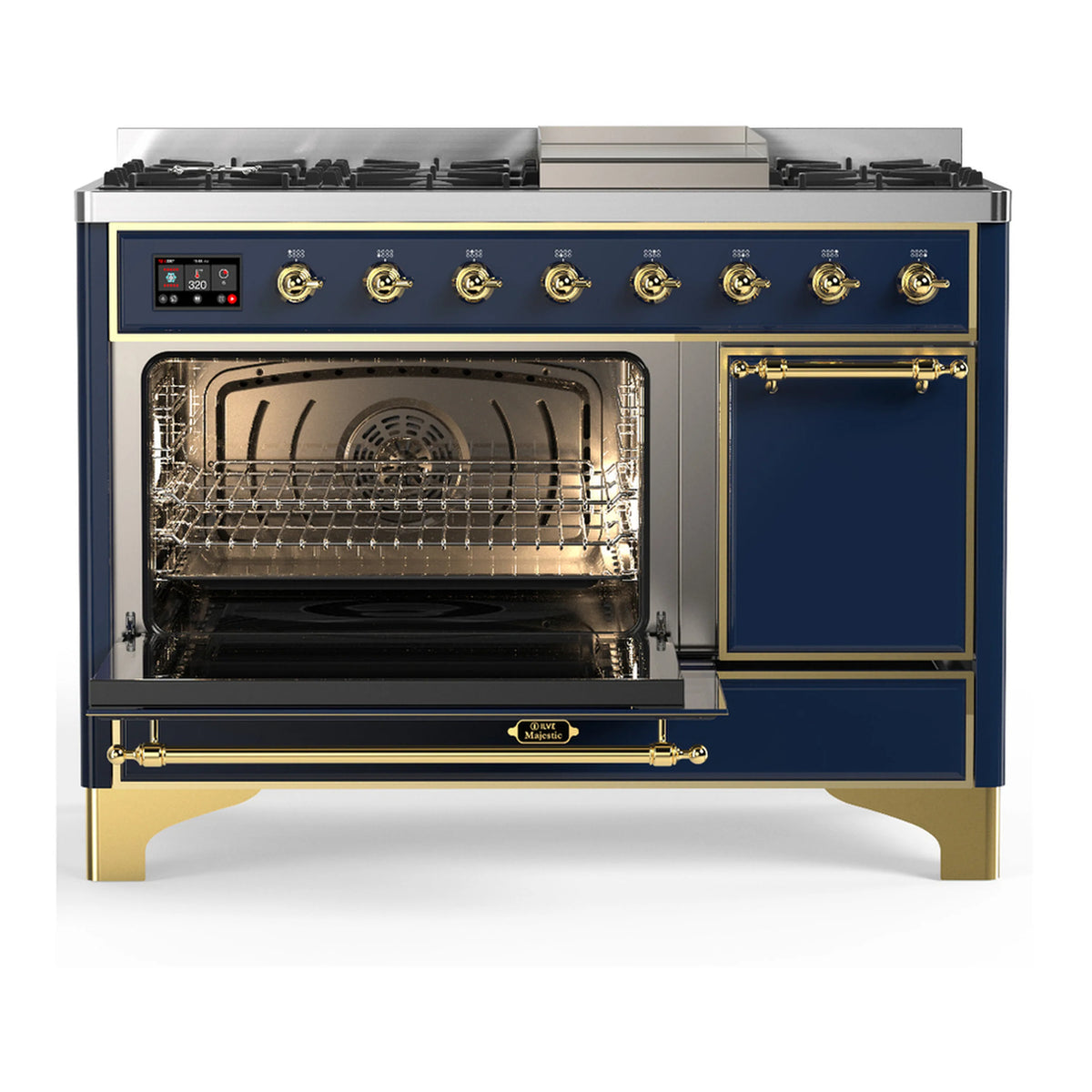 ILVE dual fuel range, blue-grey with brass trim; open left oven and closed right panel