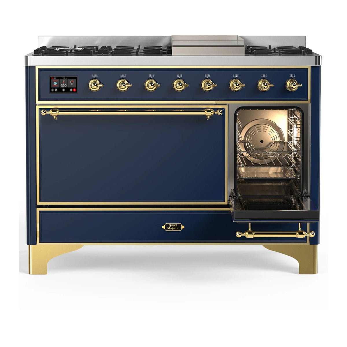 ILVE dual fuel range, blue-grey with brass trim; large closed doors and right oven window