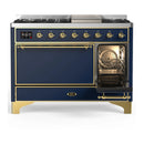 ILVE Majestic III 48-inch Dual Fuel Range with 5 Natural Gas Burner, Griddle and Solid Door Electric Oven in Blue Grey with Brass Trim (UM48FQNR3MBG)