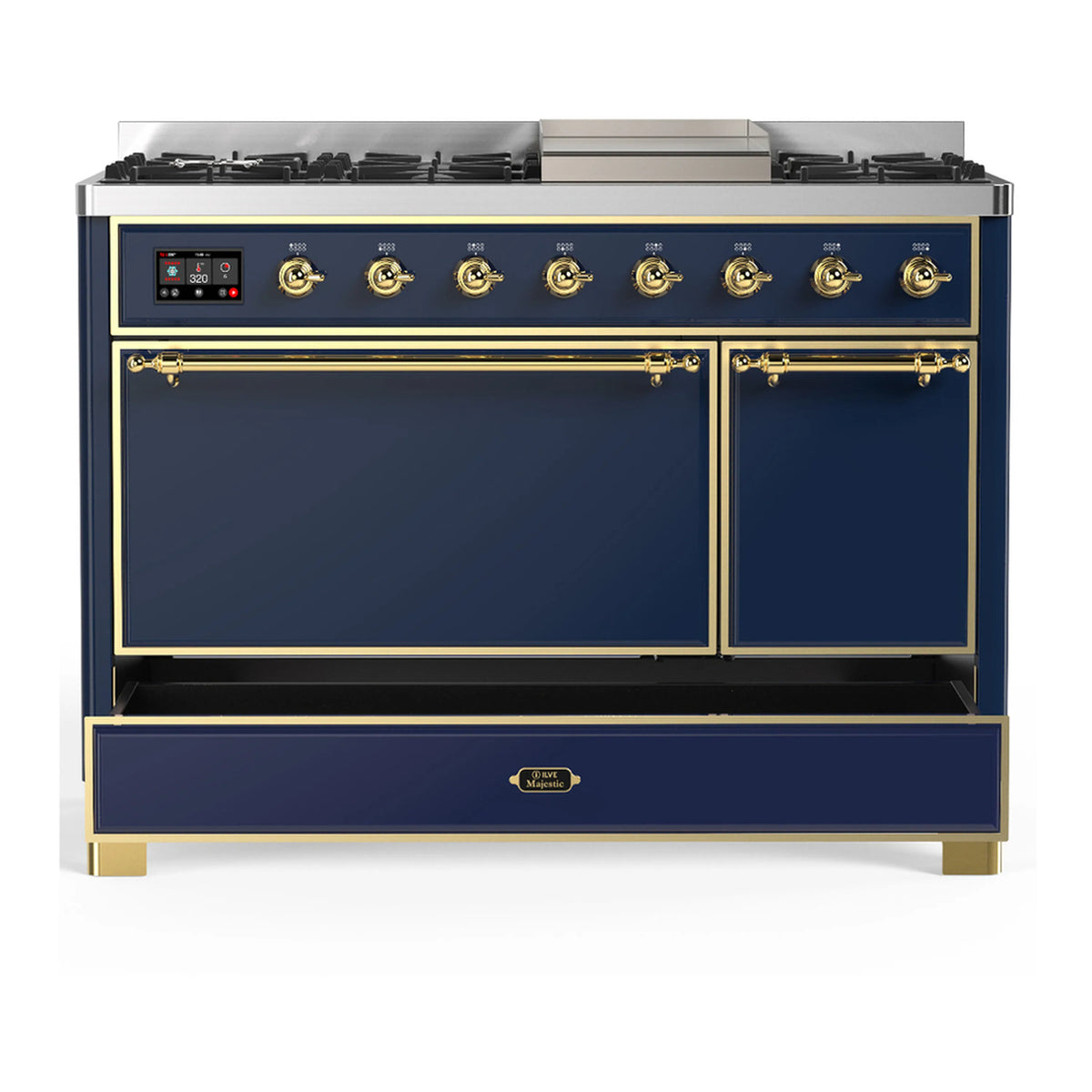 ILVE dual fuel range, blue-grey with brass trim; two closed oven doors and top control panel