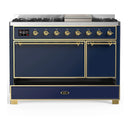 ILVE Majestic III 48-inch Dual Fuel Range with 5 Natural Gas Burner, Griddle and Solid Door Electric Oven in Blue Grey with Brass Trim (UM48FQNR3MBG)