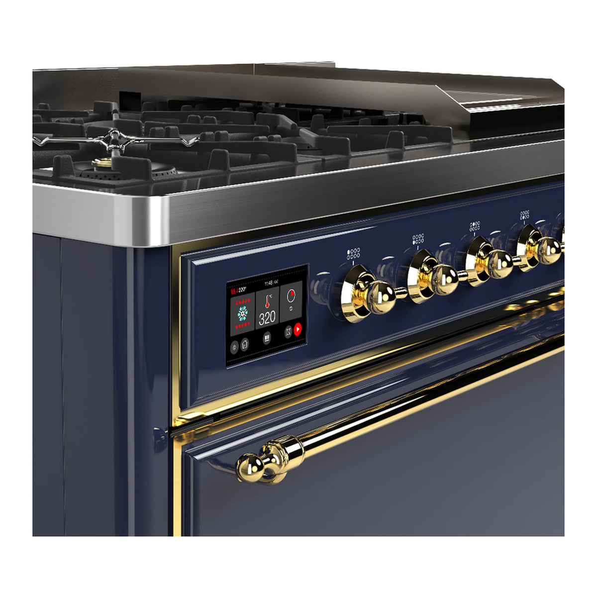 ILVE dual fuel range control panel, blue-grey with brass knobs, displays, and oven handle