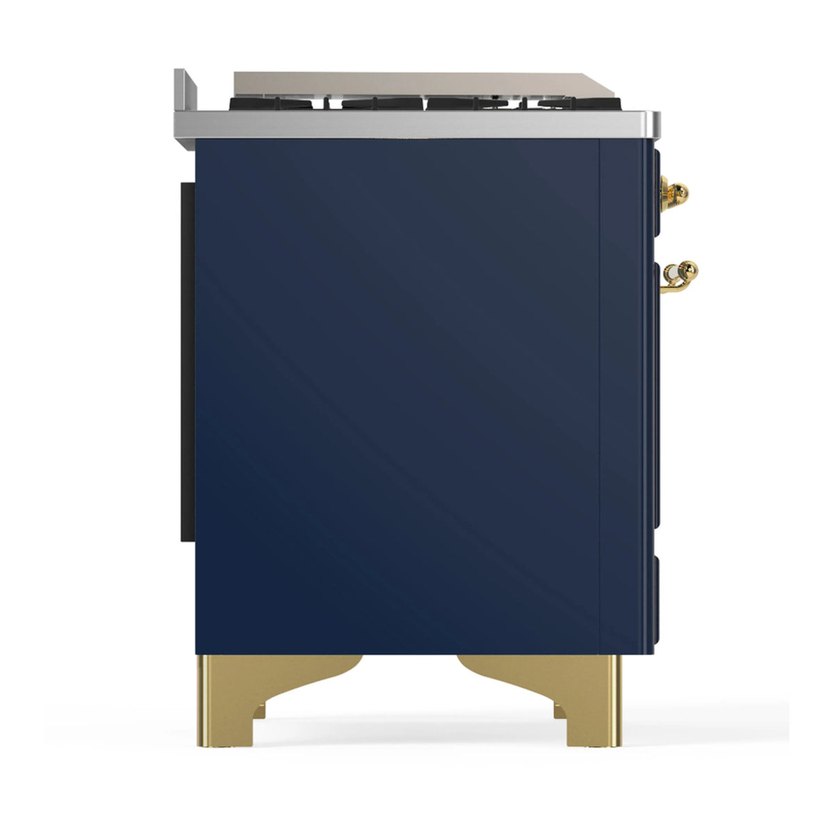 ILVE dual fuel range side view, blue-grey panel with brass legs and stainless top