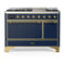 ILVE Majestic III 48-inch Dual Fuel Range with 5 Natural Gas Burner, Griddle and Solid Door Electric Oven in Blue Grey with Brass Trim (UM48FQNR3MBG)