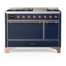 ILVE Majestic III 48-inch Dual Fuel Range with 5 Natural Gas Burner, Griddle and Solid Door Electric Oven in Midnight Blue with Copper Trim (UM48FQNR3MBP)