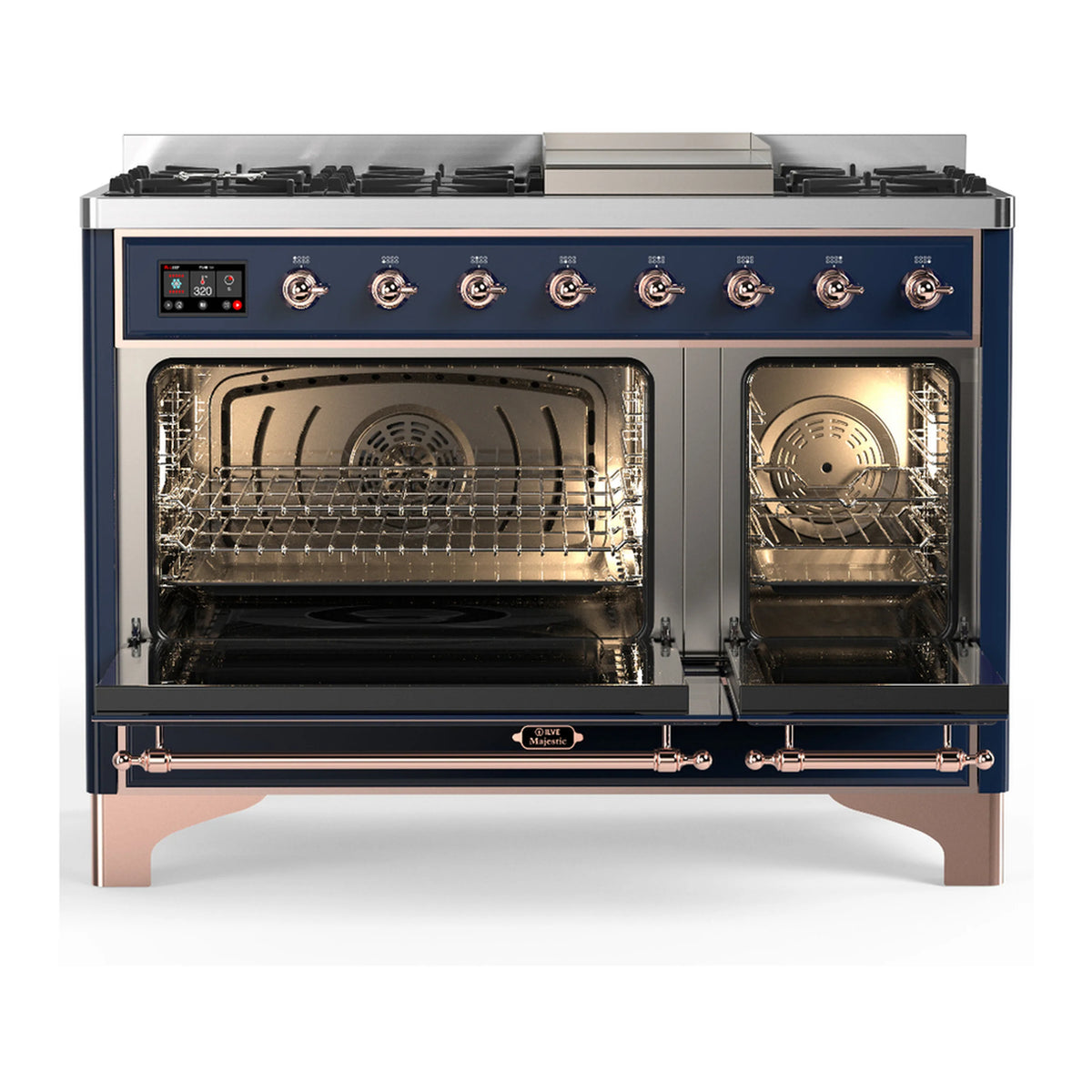 Midnight blue dual fuel range with copper trim, oven doors open showing racks and interior