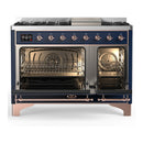 ILVE Majestic III 48-inch Dual Fuel Range with 5 Liquid Propane Burner, Griddle and Solid Door Electric Oven in Midnight Blue with Copper Trim (UM48FQNR3MBPLP)