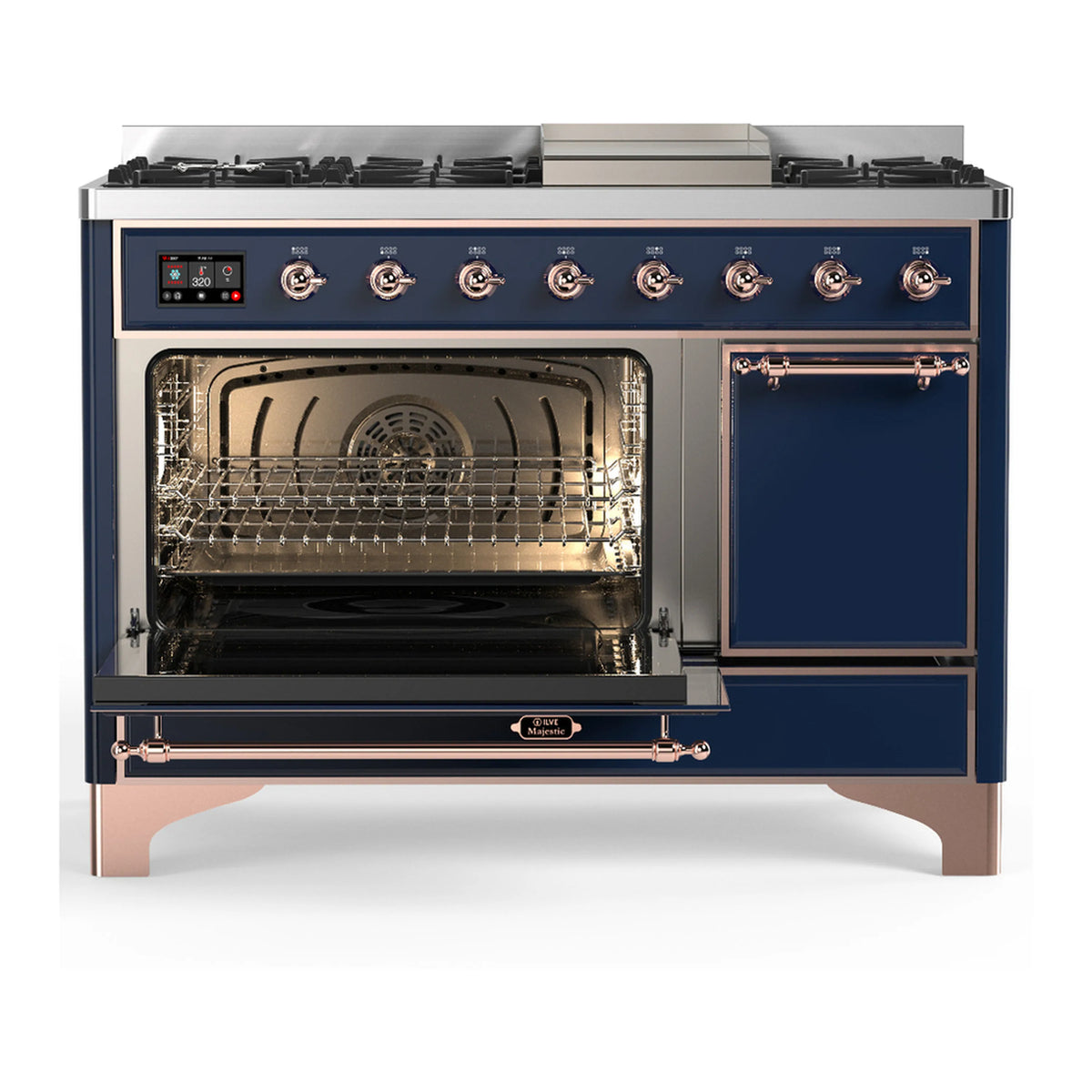 Midnight blue dual fuel range with copper trim, oven door open with heated interior