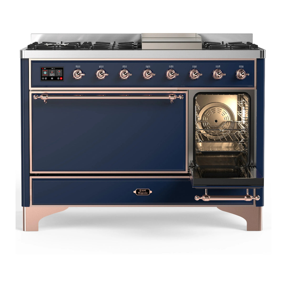 ILVE dual fuel range with oven door open and blue glass front, copper handle trim