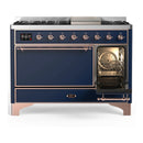 ILVE Majestic III 48-inch Dual Fuel Range with 5 Natural Gas Burner, Griddle and Solid Door Electric Oven in Midnight Blue with Copper Trim (UM48FQNR3MBP)