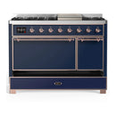 ILVE Majestic III 48-inch Dual Fuel Range with 5 Natural Gas Burner, Griddle and Solid Door Electric Oven in Midnight Blue with Copper Trim (UM48FQNR3MBP)